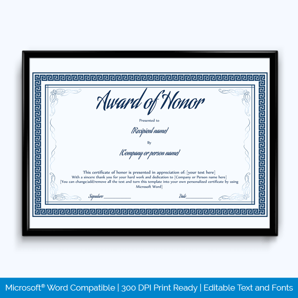 Honor Award Certificate Sample