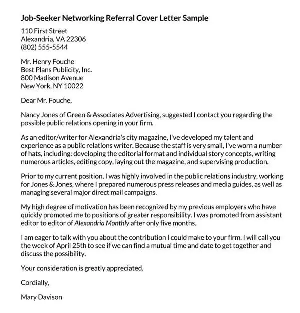 cover letter mentioning referral by employee