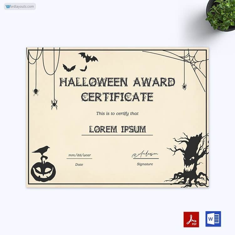 Most Scary Creative Halloween Costume Award Certificate