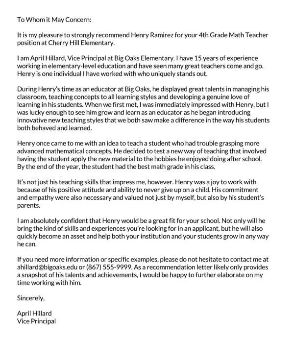 letter of recommendation for outstanding teacher