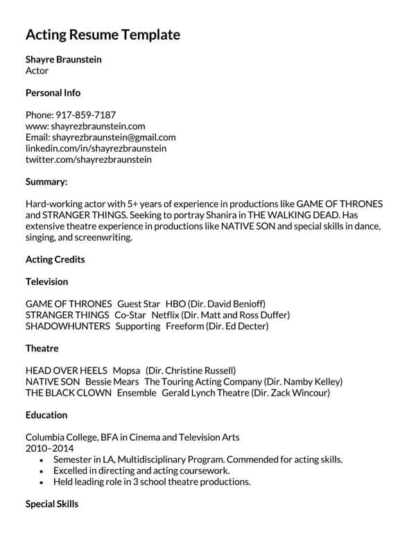 acting resume template word