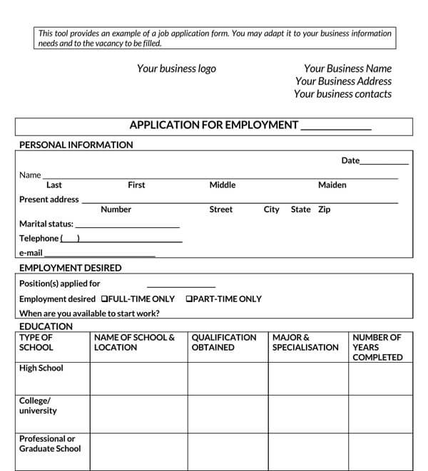 job application form excel