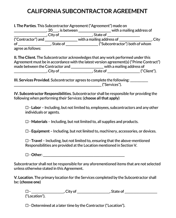  master subcontractor agreement template