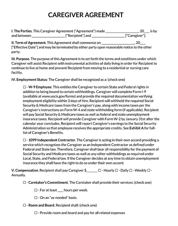 Caregiver Agreement Template Page 1 1