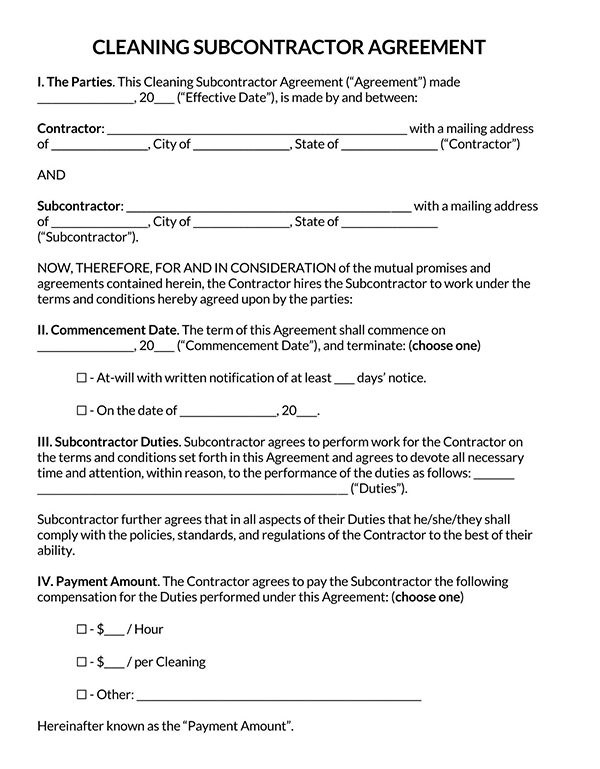 Cleaning Subcontractor Agreement Template Page 1