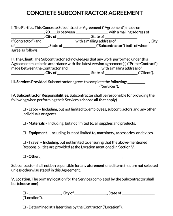 Concrete Subcontractor Agreement Page 1