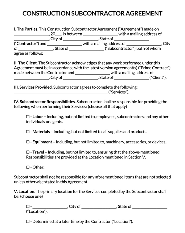 Construction Subcontractor Agreement Page 1