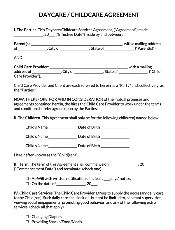 Daycare Childcare Agreement Page 1 1