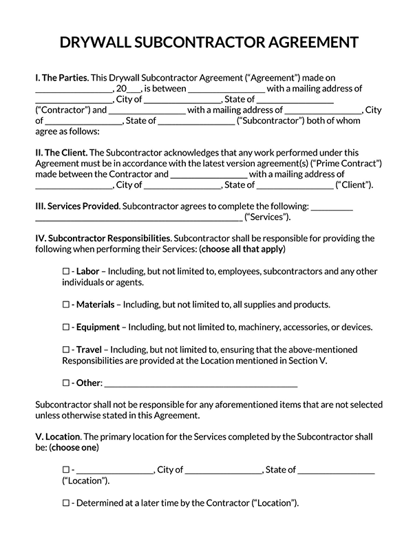 Drywall Subcontractor Agreement Template Page 1