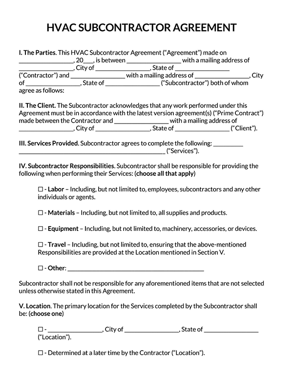 HVAC Subcontractor Agreement Page 1