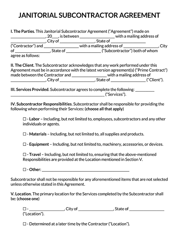 Janitorial Subcontractor Agreement Page 1