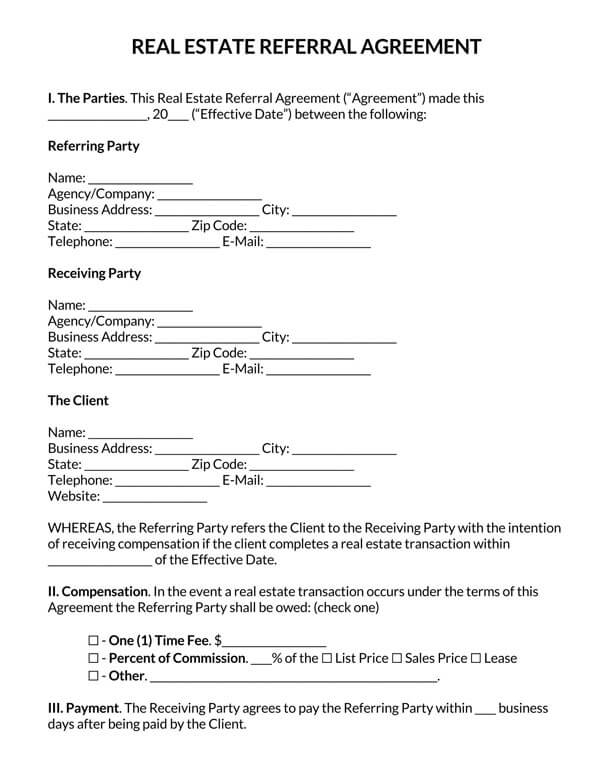 free real estate referral fee agreement template