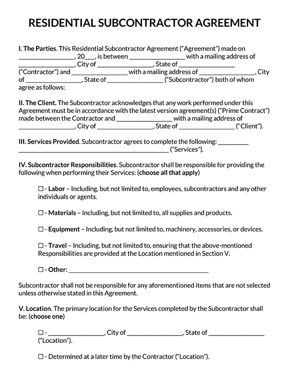 Residential Subcontractor Agreement Page 1
