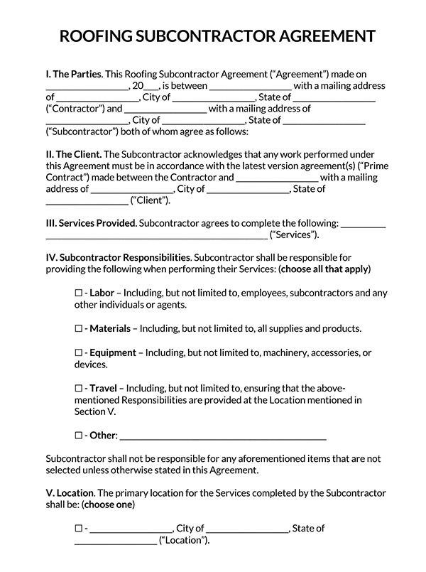 Roofing Subcontractor Agreement Page 1