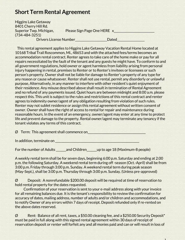 short-term rental agreement template free