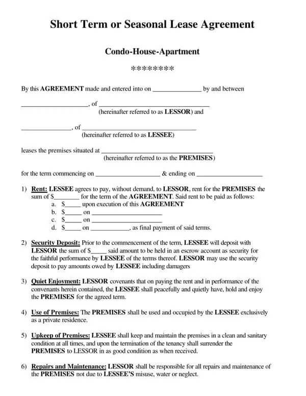 free short term rental agreement templates word pdf