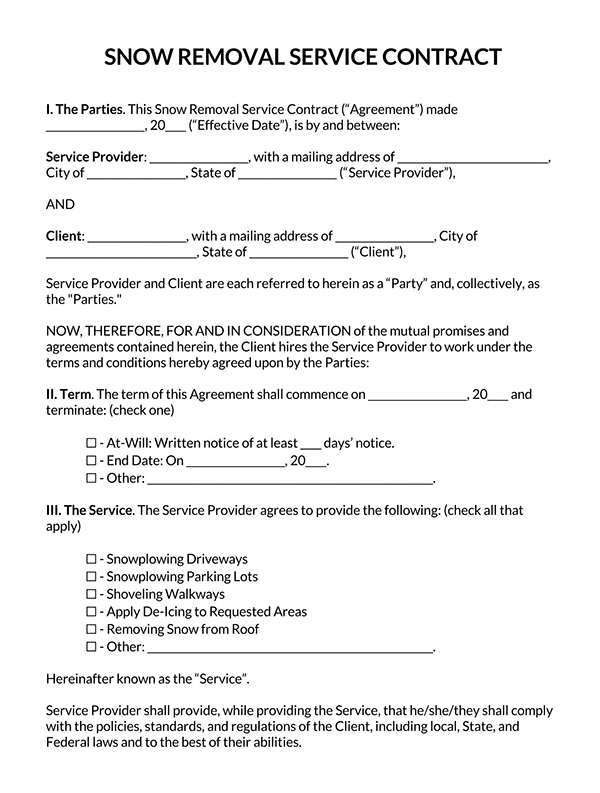 Snow Removal Contract Template Page 1 1