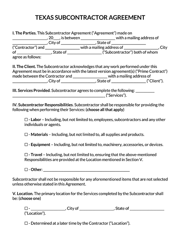 subcontractor agreement template for professional 11