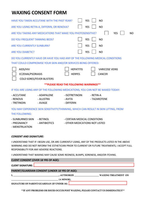 waxing questionnaire consent form