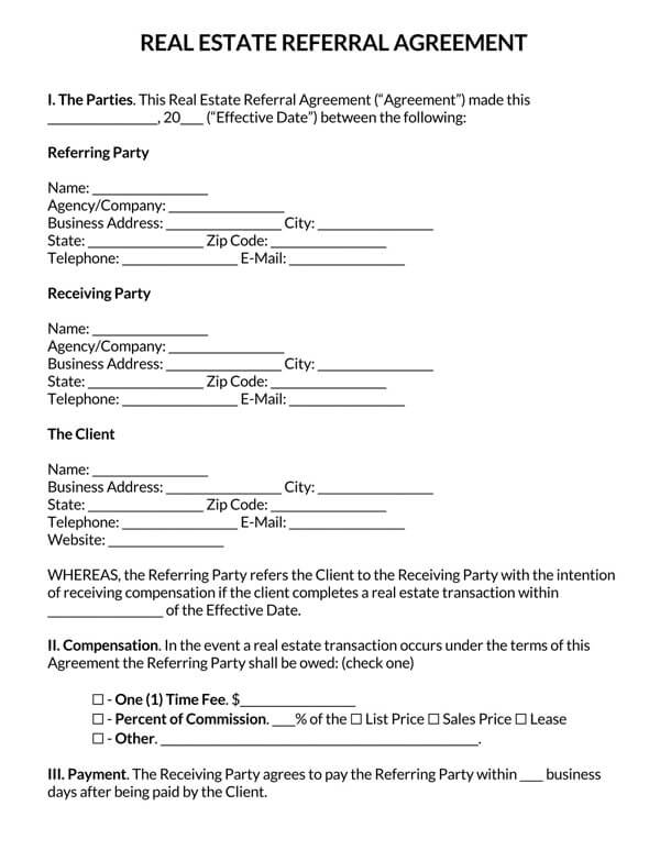 free real estate referral fee agreement template