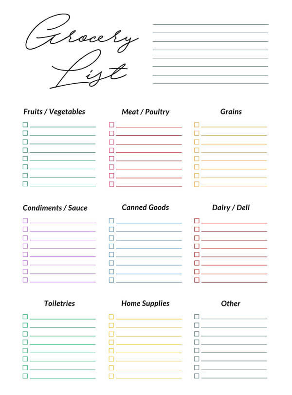 grocery list template pdf