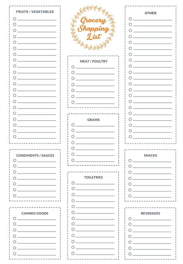 free printable grocery list by category