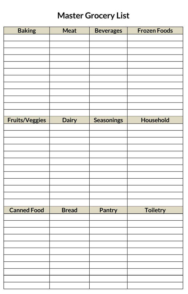 grocery list template free