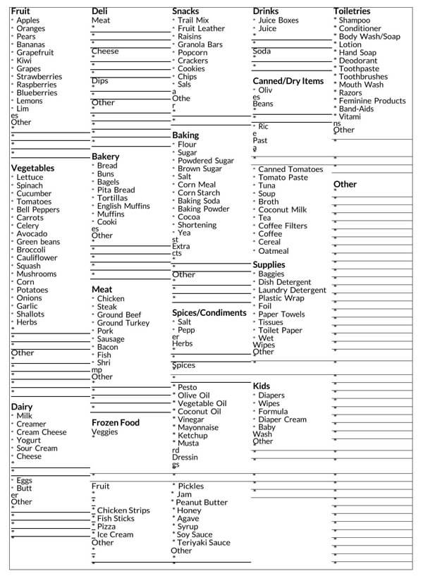 grocery list template word