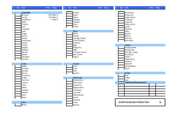 blank grocery list template excel