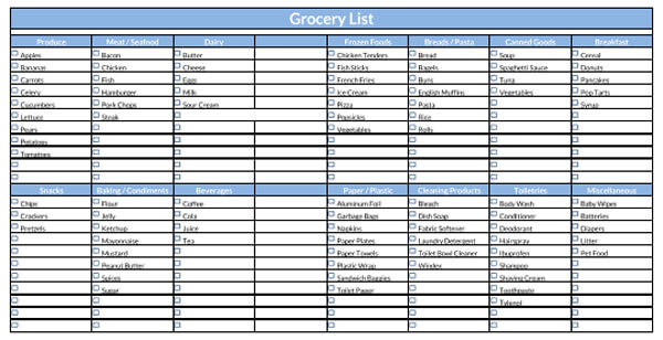 grocery list template with categories