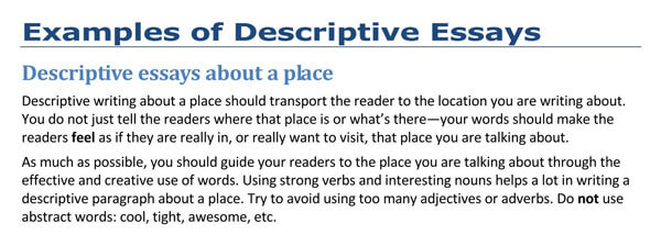 features of descriptive essay