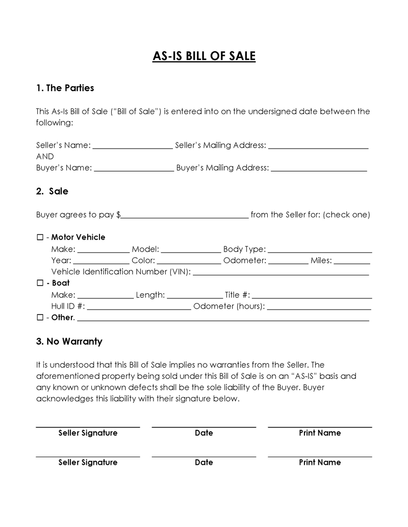 As-Is Bill of Sale Form