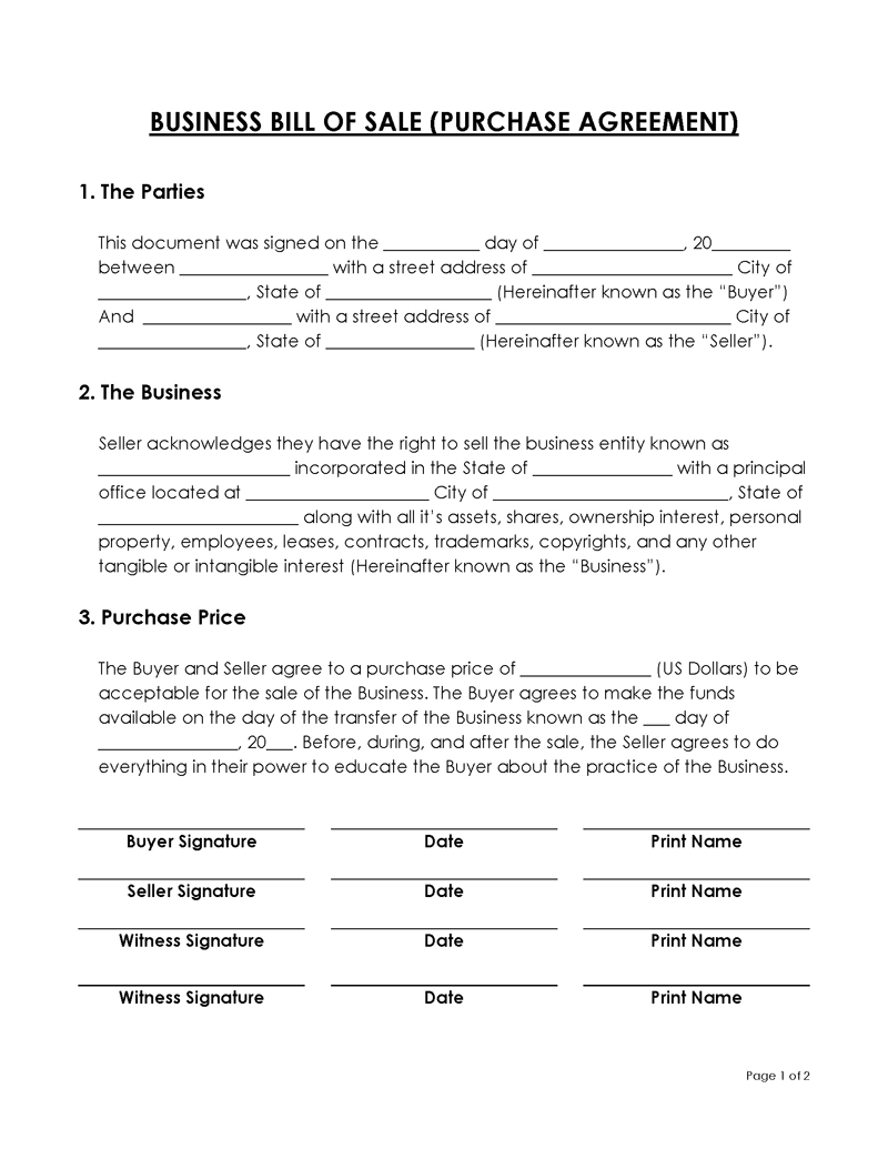 Business Bill of Sale Form