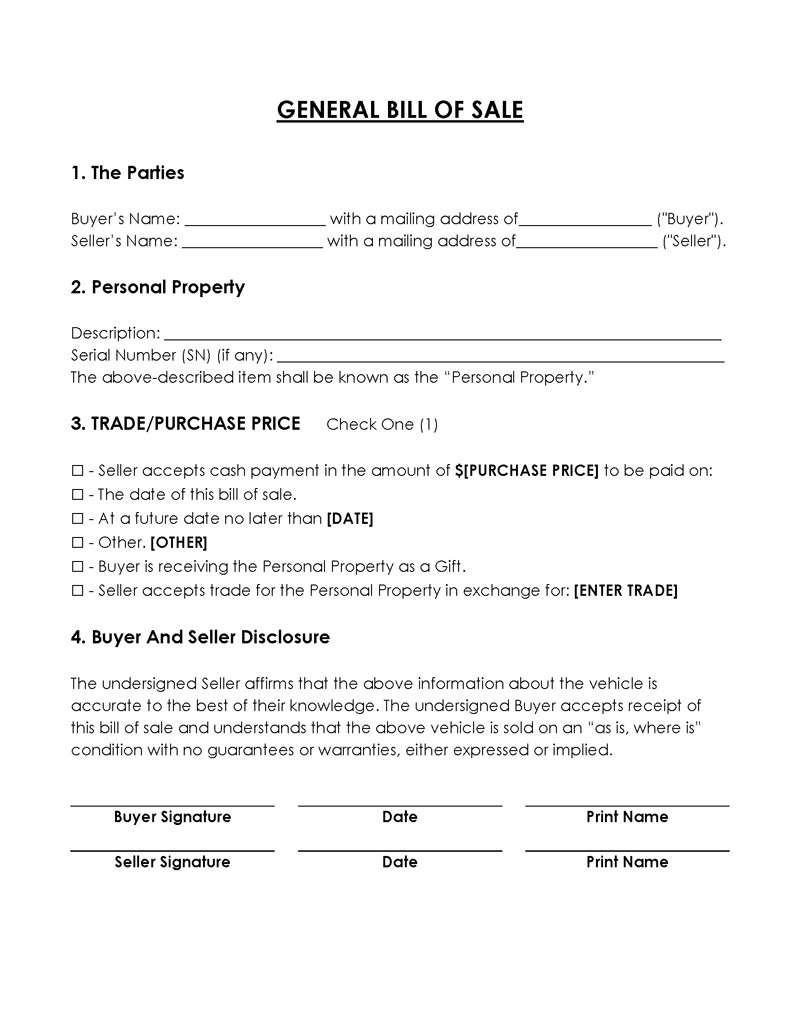 General Bill of Sale Form