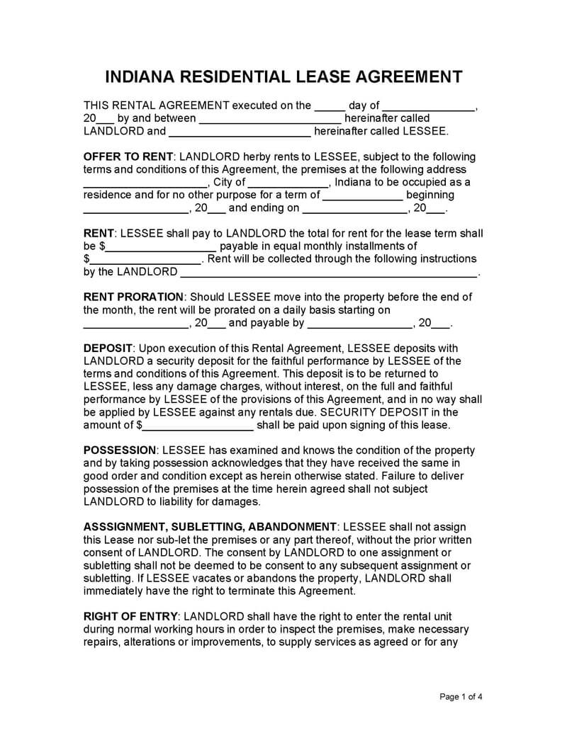 Indiana Residential Lease Agreement