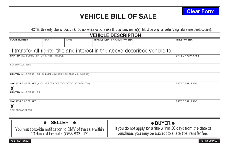 Oregon DMV Bill of Sale
