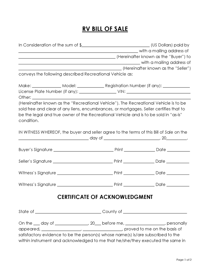 RV Bill of Sale Form