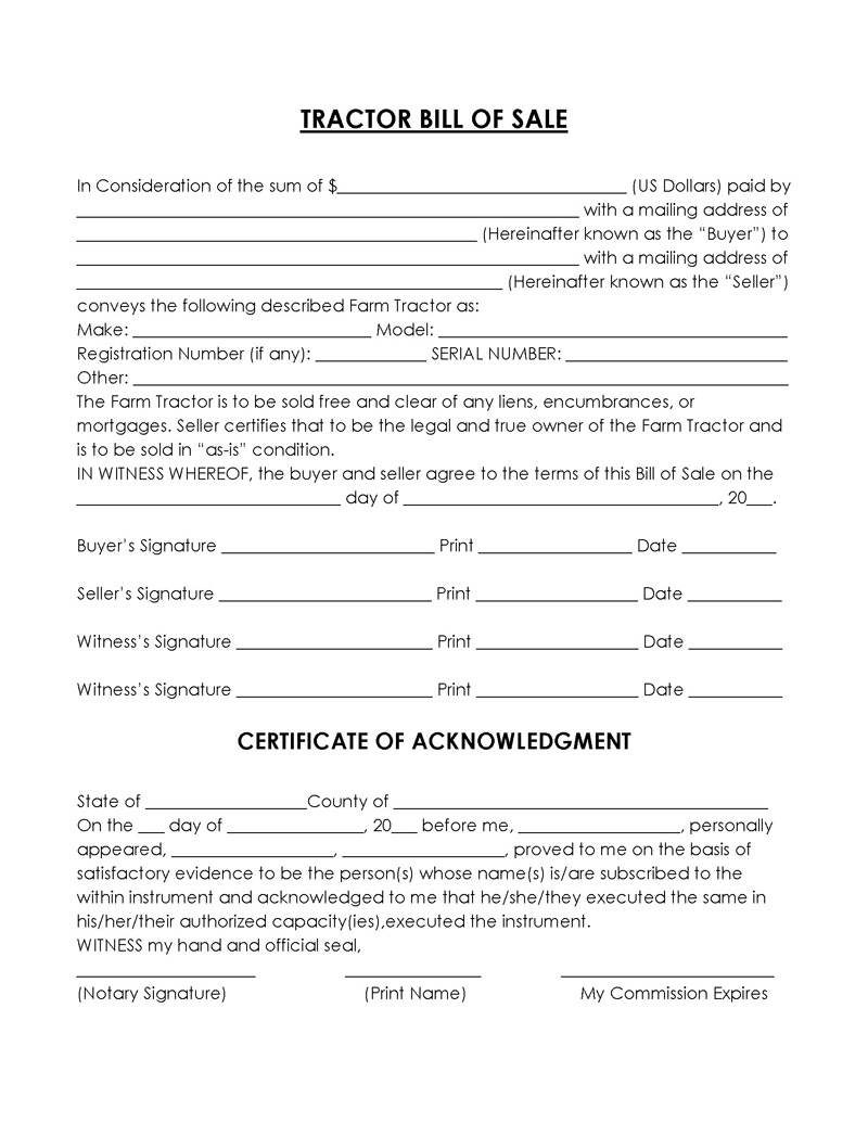 Tractor Bill of Sale Form