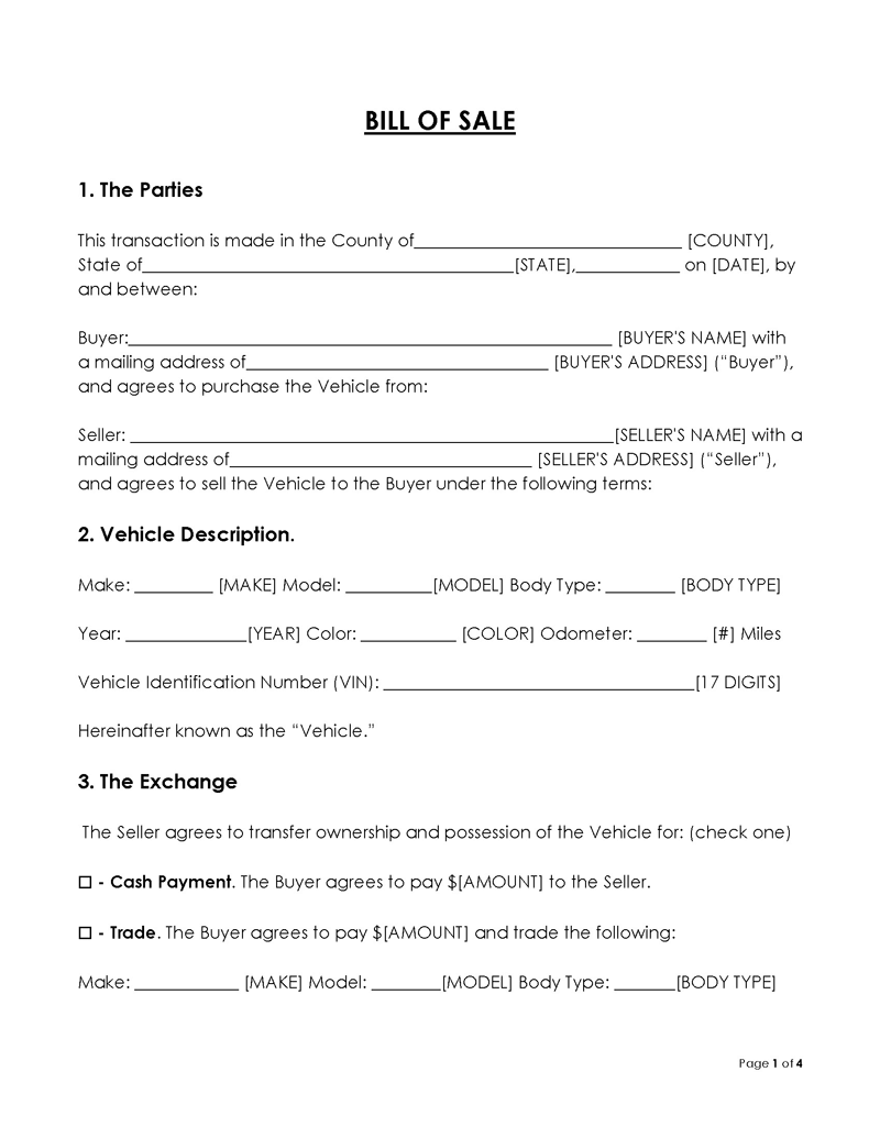 Bill of Sale form