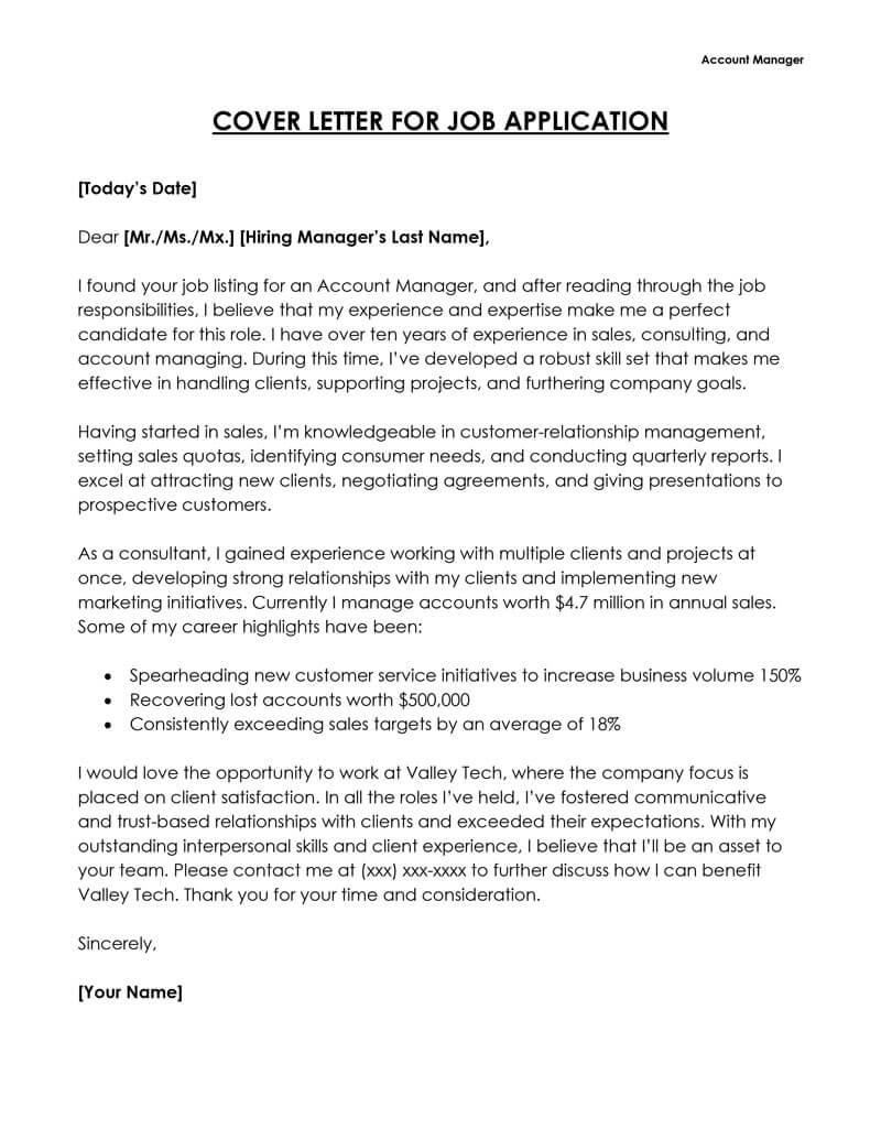 Account Manager cover letter
