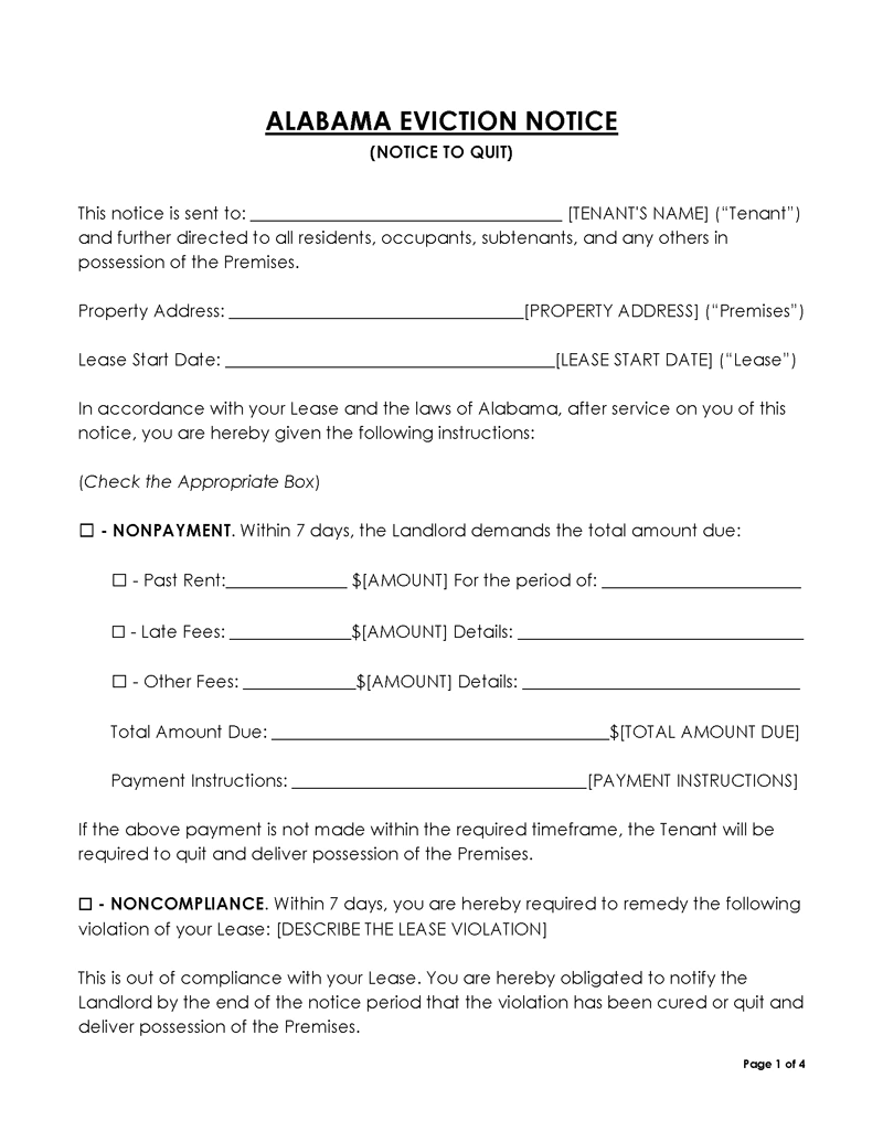 Alabama Eviction Notice to Quit Form