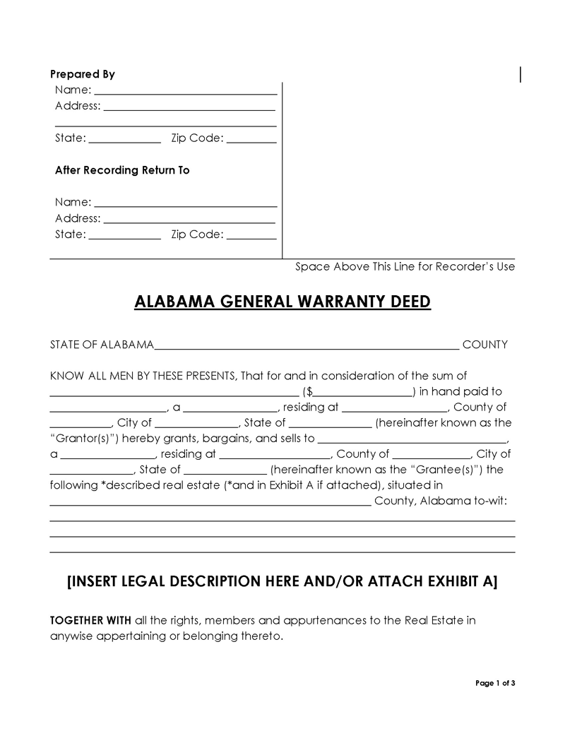 Alabama General Warranty Deed Form