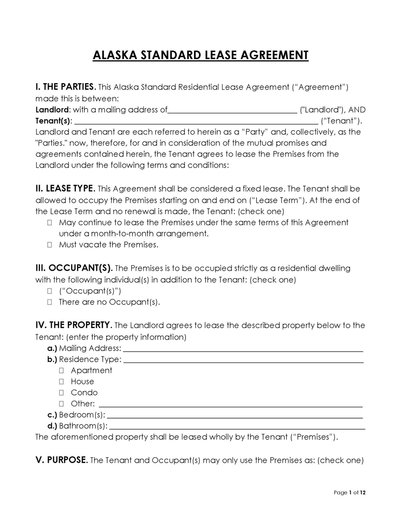 Alaska Standard Residential Lease Agreement Blank Alaska Residential Lease Agreement