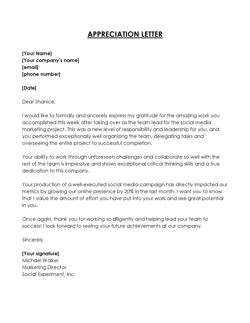 Appreciation letter for support
