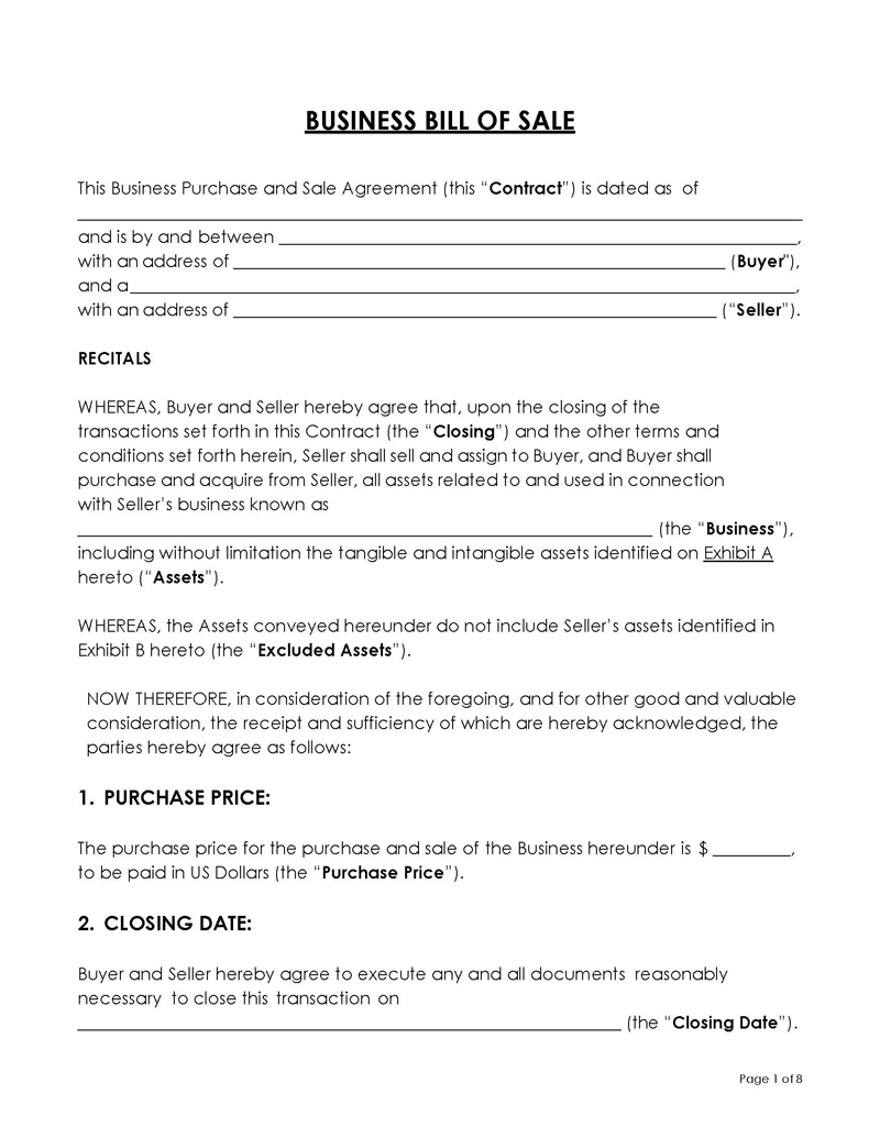 
business sale agreement word format