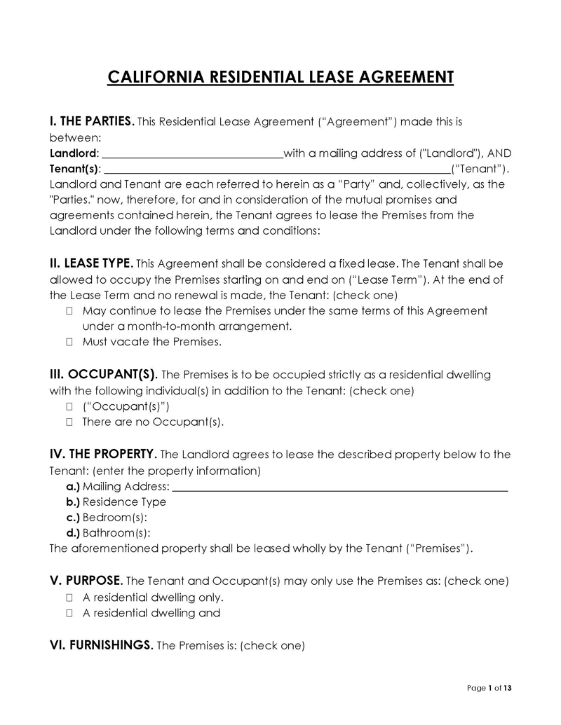 California Standard Lease Agreement Blank California Residential Lease Agreement