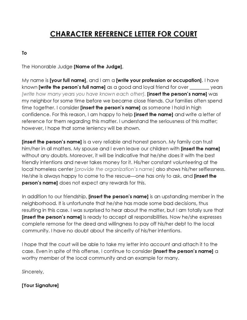 Sample character reference letter for court PDF

