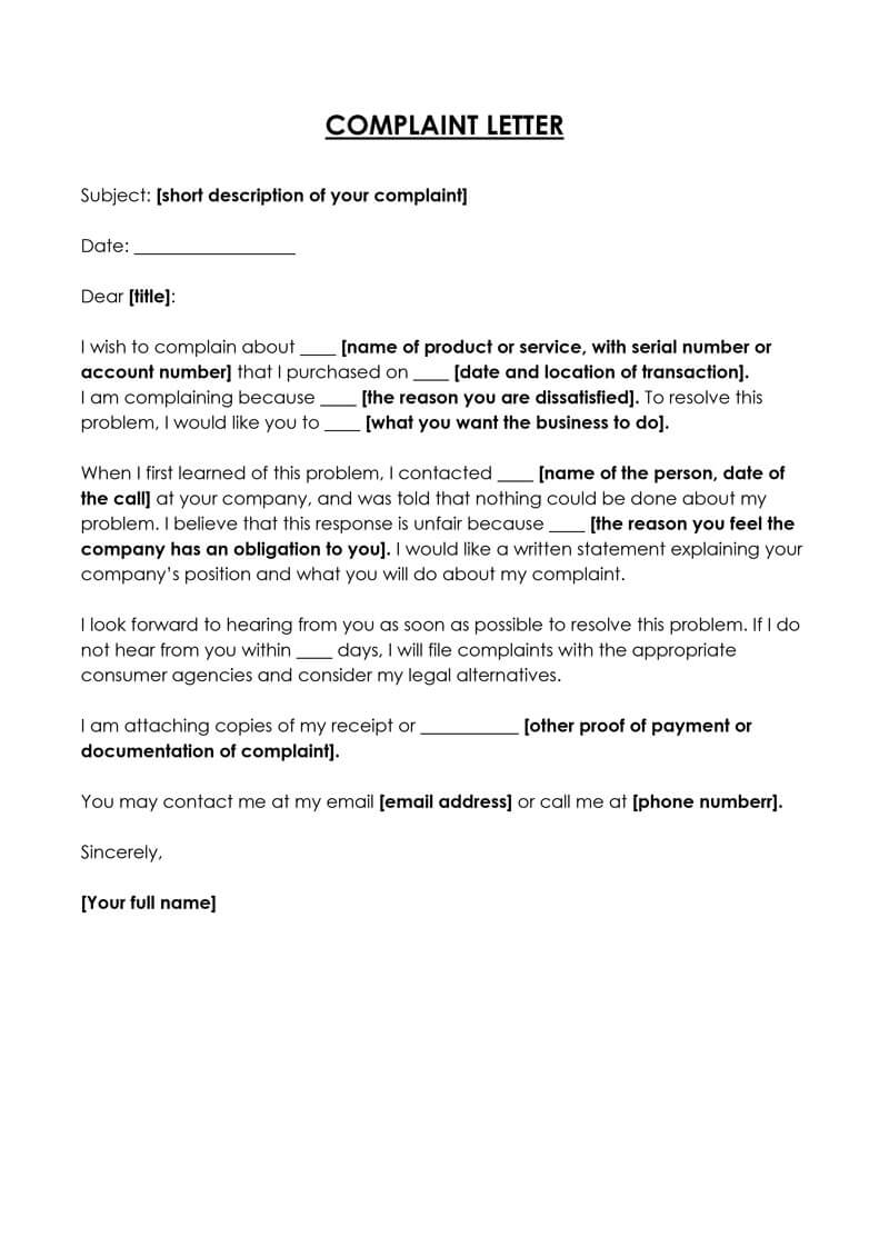 Sample letter of complaint to management 