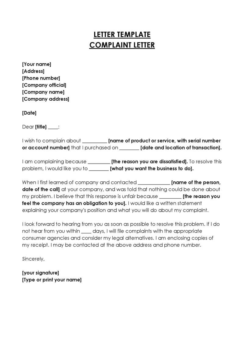 Sample letter of complaint to management 