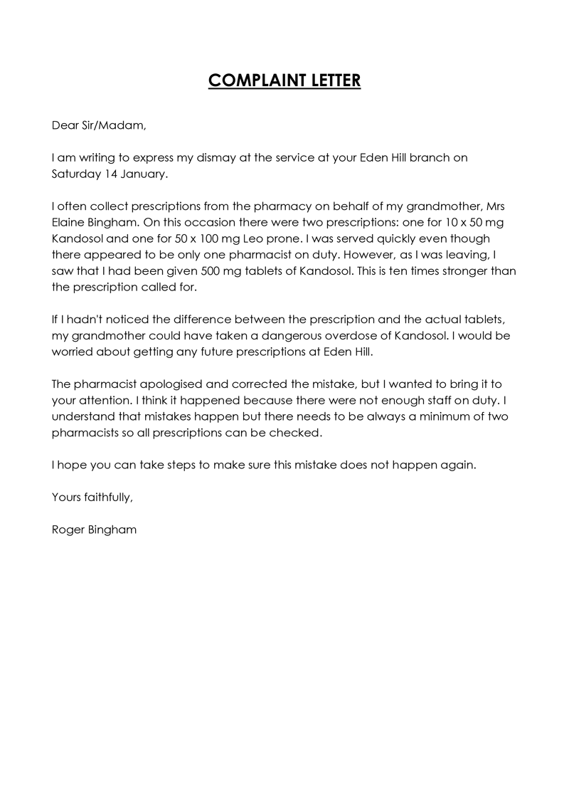 Complaint letter to company 